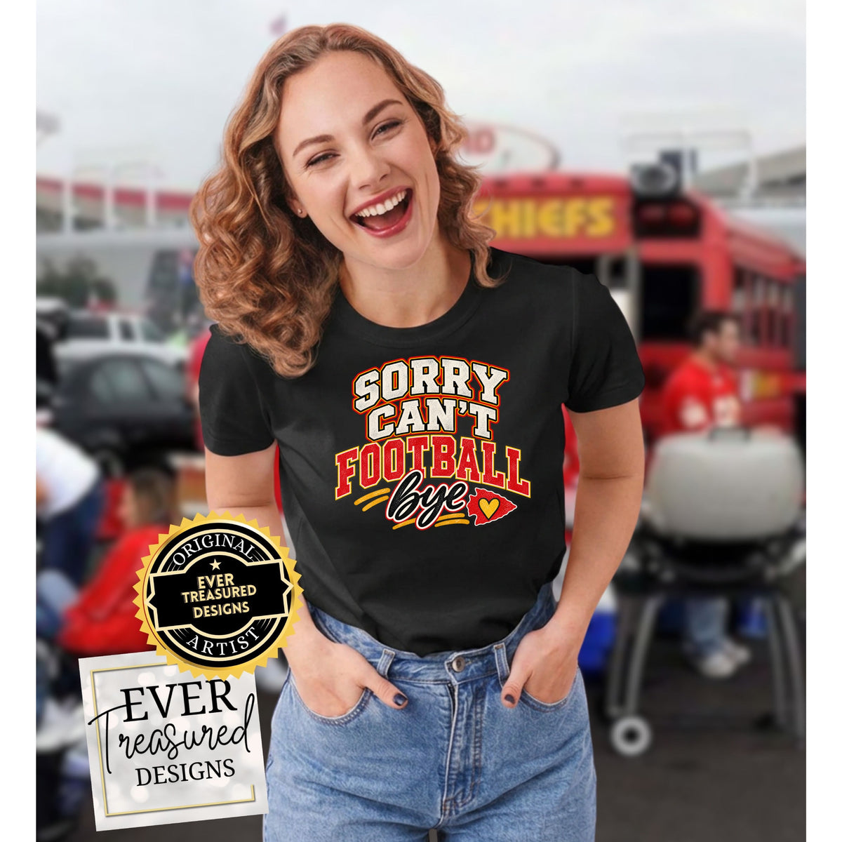 Black t-shirt with "SORRY CAN'T FOOTBALL bye" text and a heart shield.