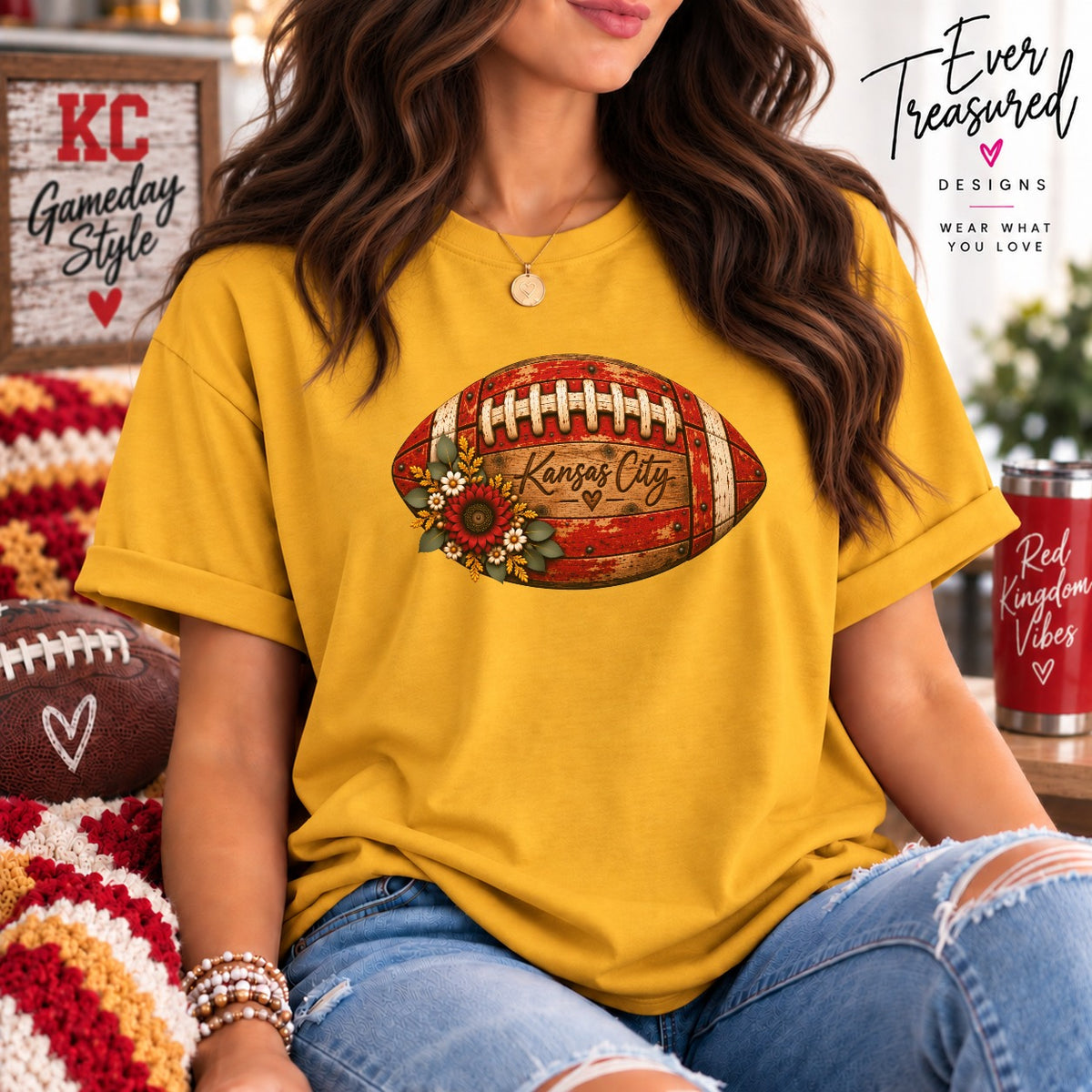 Yellow t-shirt with a football graphic featuring "Kansas City" and sunflowers.