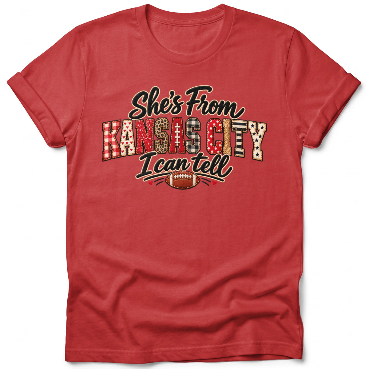 Red t-shirt with "She's From Kansas City I Can Tell" text and football graphic.