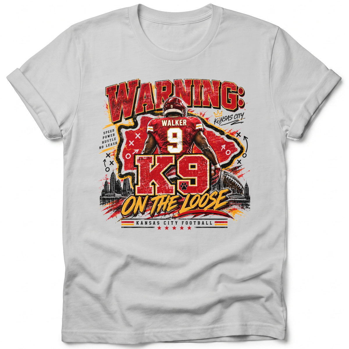 Kansas City football shirt with player #9 Walker, "K9 On The Loose" graphic.