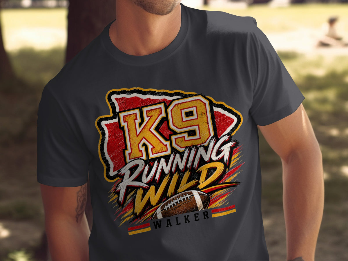 T-shirt graphic with K9 RUNNING WILD text, football, and WALKER name.