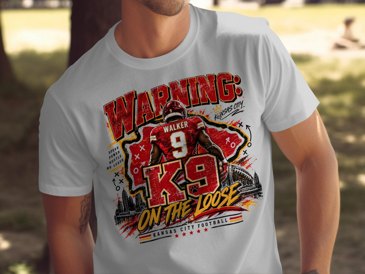 T-shirt graphic with "WARNING: WALKER 9 K9 ON THE LOOSE" and Kansas City skyline.