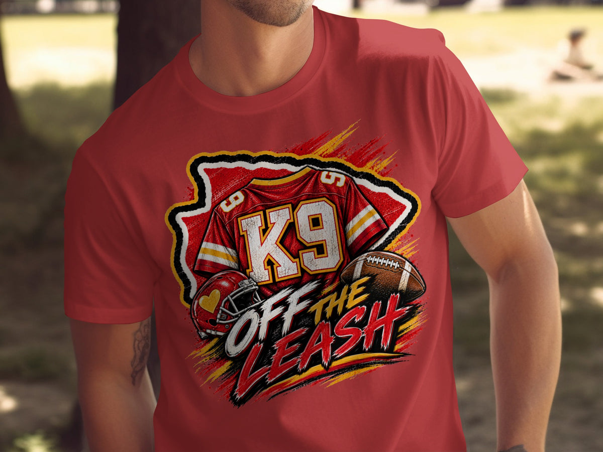Red t-shirt with K9 football helmet and football graphic saying OFF THE LEASH