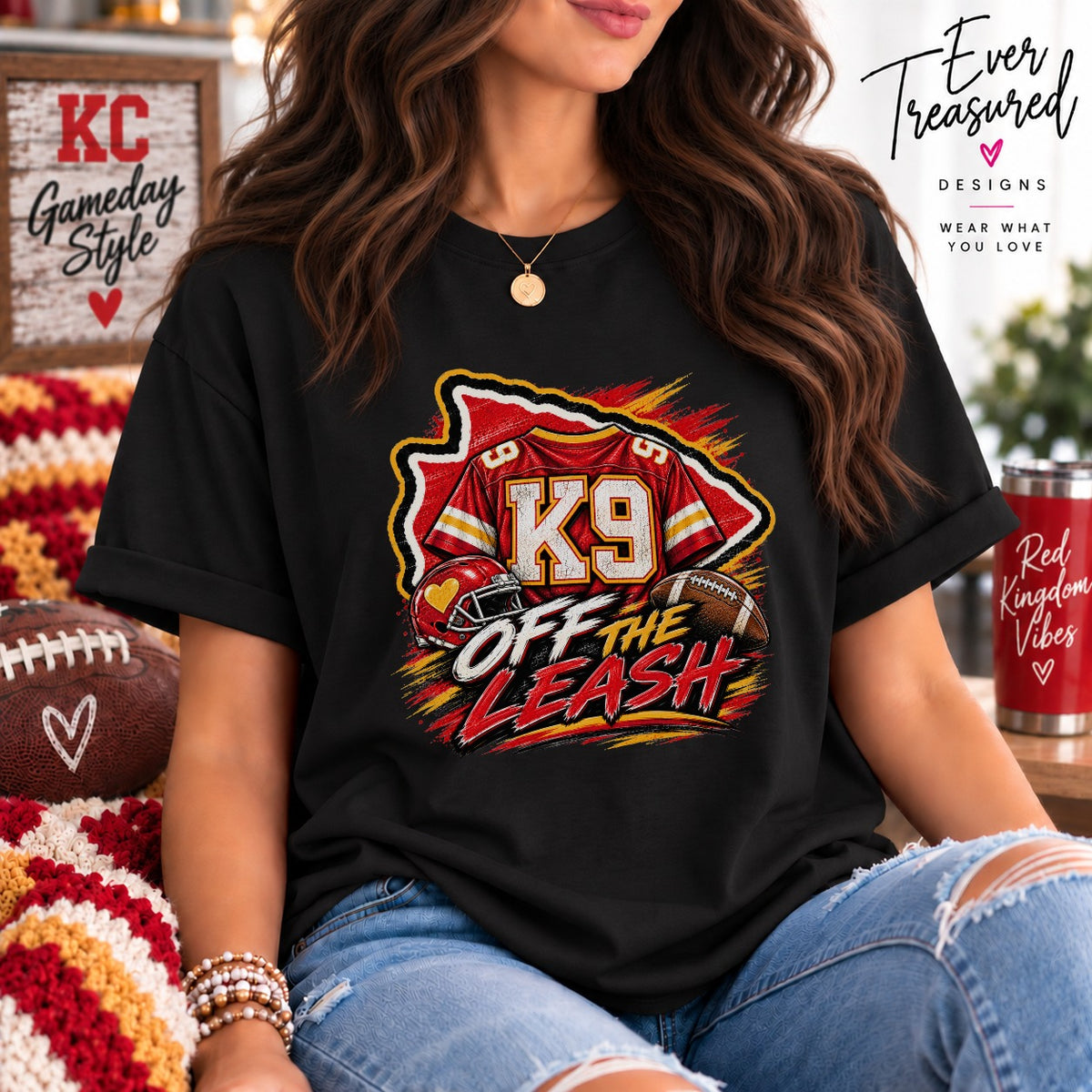 Black t-shirt with K9 football helmet, football, and "Off the Leash" text.