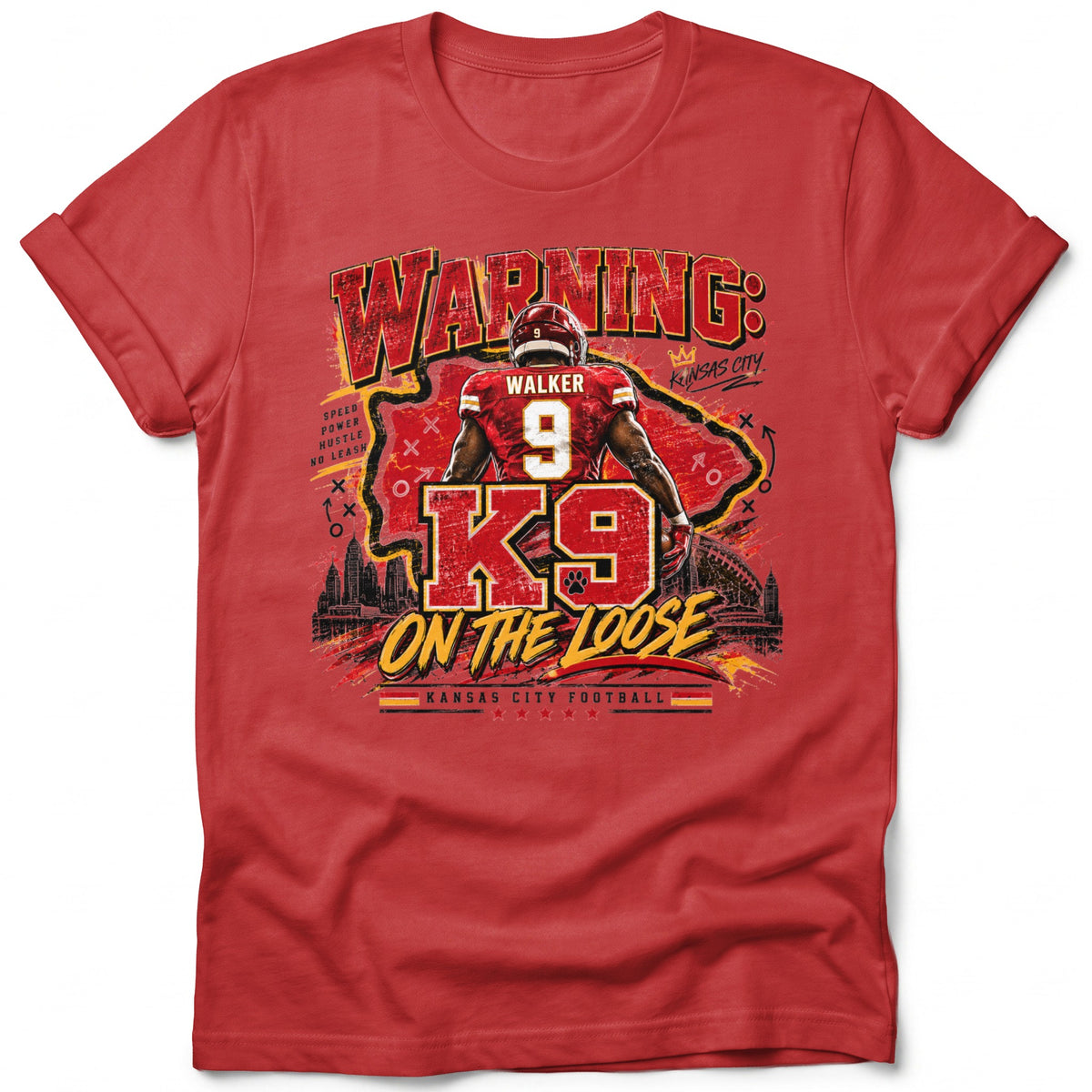 Red t-shirt featuring football player Walker #9 and "K9 ON THE LOOSE" text.