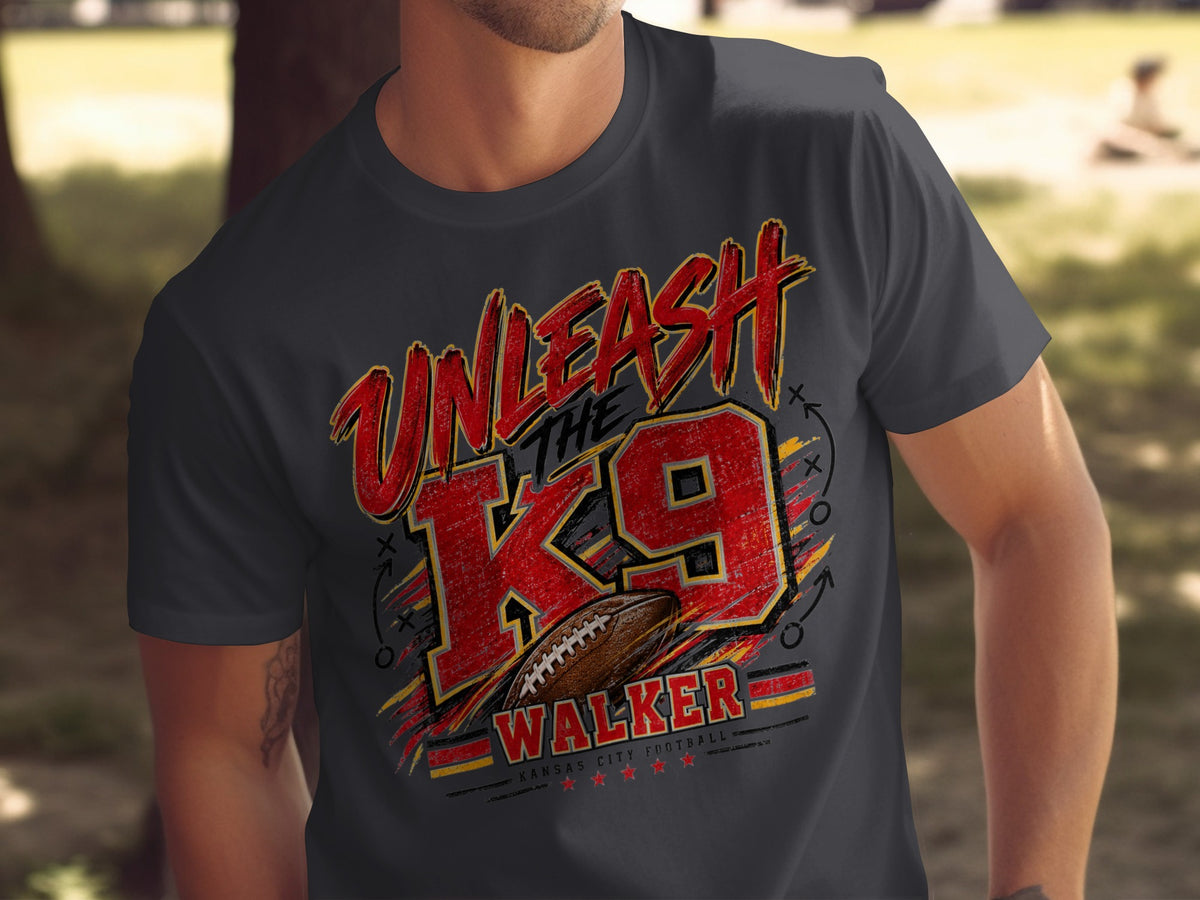 Kansas City Chiefs K9 Walker t-shirt with football and playbook graphics.