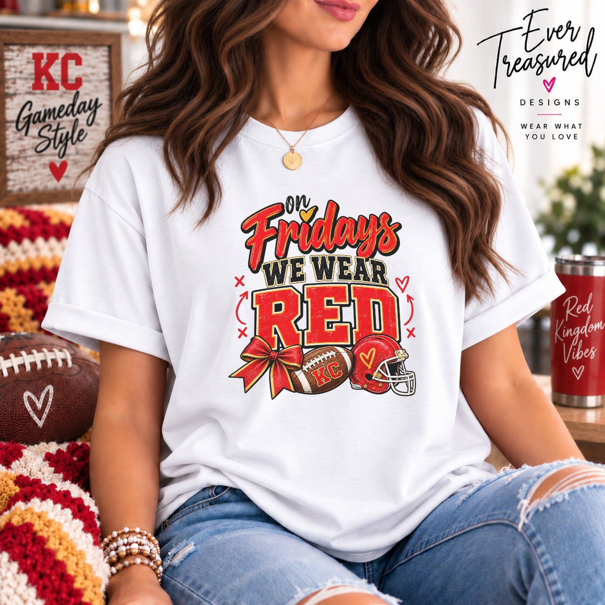 White t-shirt with "On Fridays We Wear Red" graphic and football imagery.