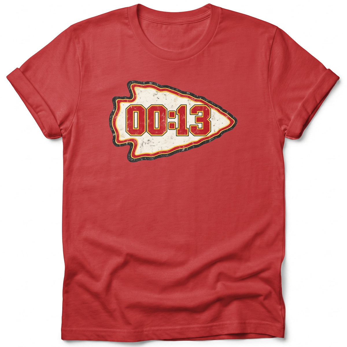 Red t-shirt with arrowhead logo displaying "00:13" text.