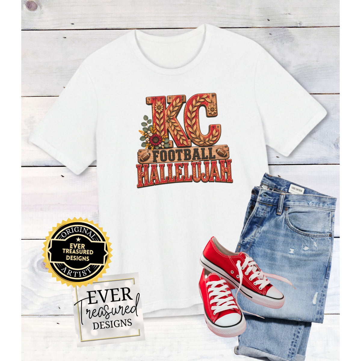 White t-shirt with "KC FOOTBALL HALLELUJAH" text and floral accents.