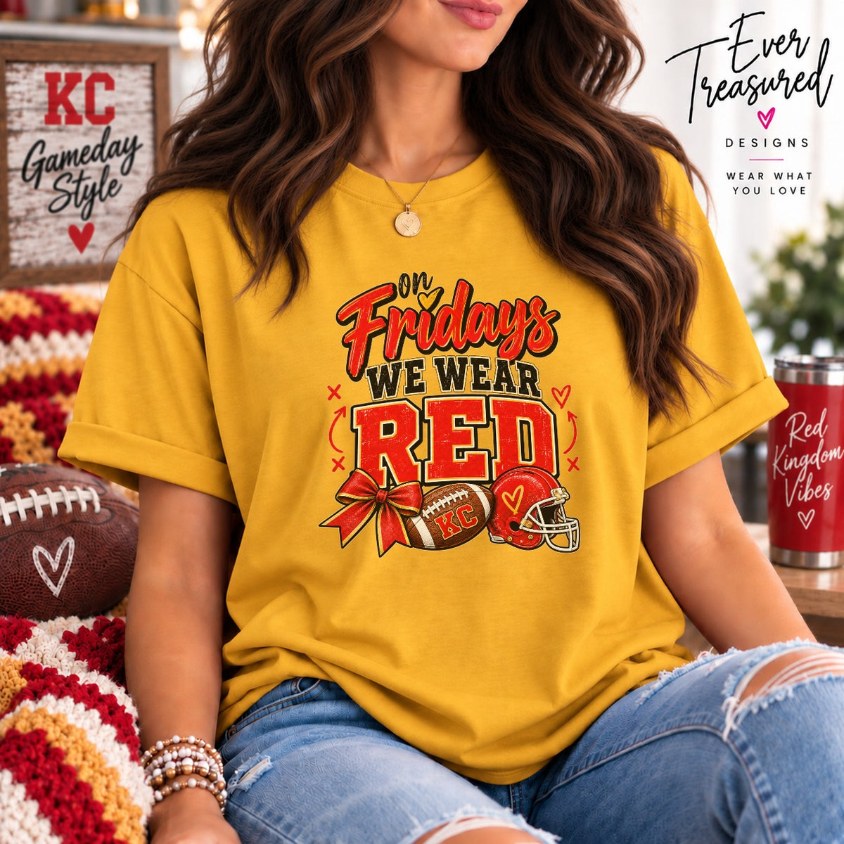 Yellow t-shirt with "On Fridays We Wear Red" graphic and football elements.