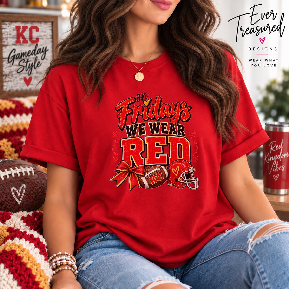 Red t-shirt with "On Fridays We Wear Red" graphic and football.