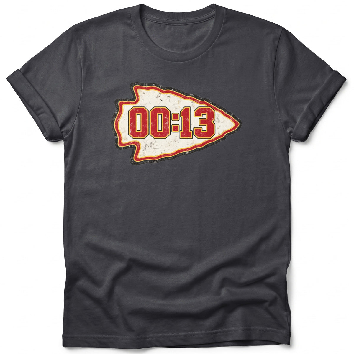 Dark grey t-shirt with a vintage arrowhead graphic and text 00:13.