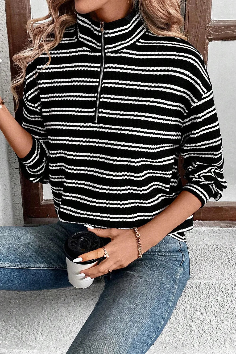 Striped Half Zip Long Sleeve Pullover