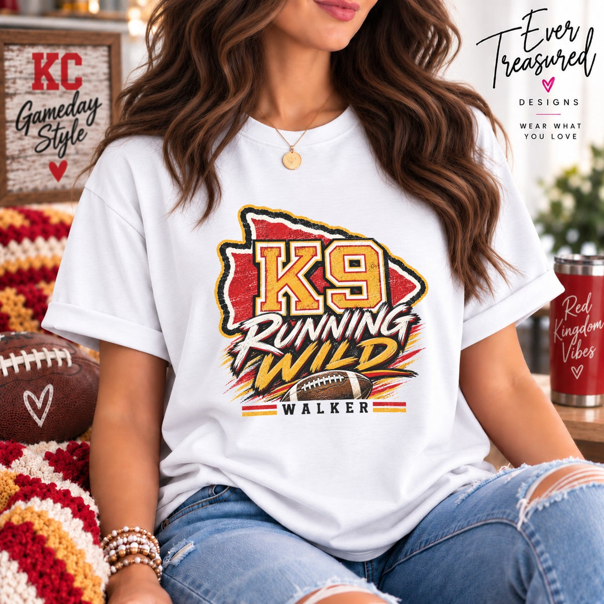 White t-shirt with K9 Running Wild graphic, football, and WALKER text.