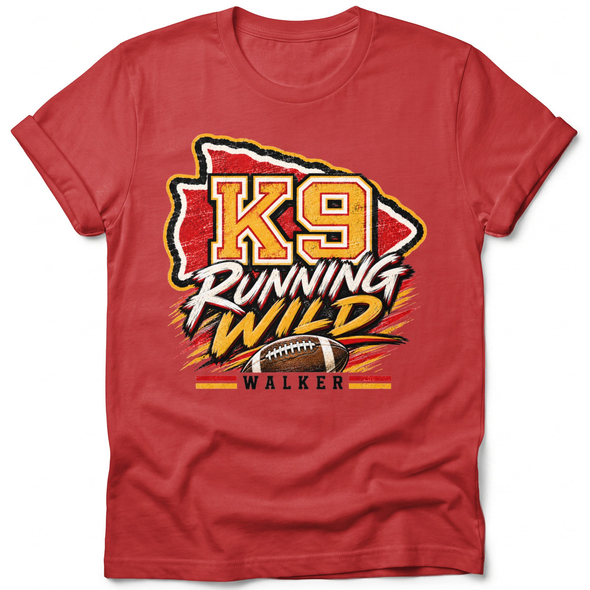 Red t-shirt with "K9 Running Wild Walker" and a football graphic.
