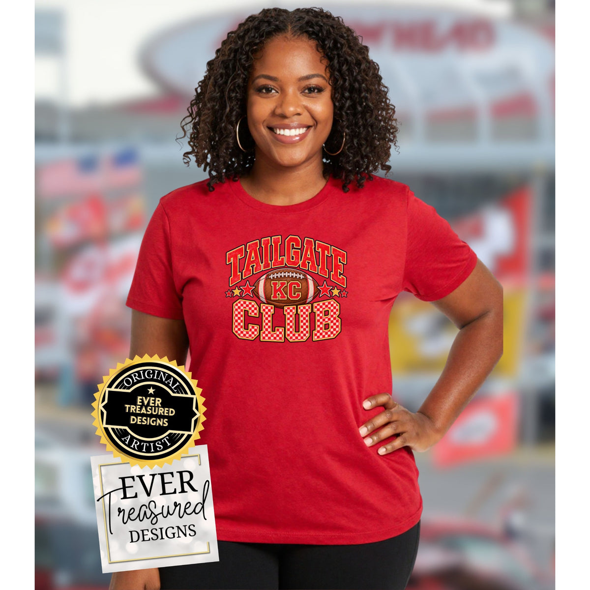 Woman wearing a red shirt with "Tailgate Club" and KC football graphic.