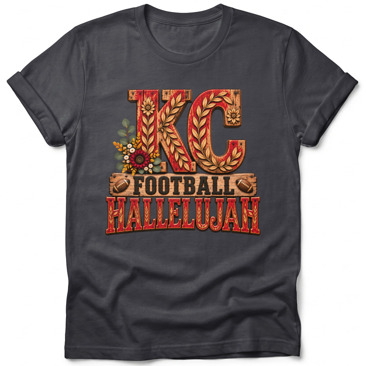 KC Football Hallelujah graphic on a dark gray t-shirt with floral accents.