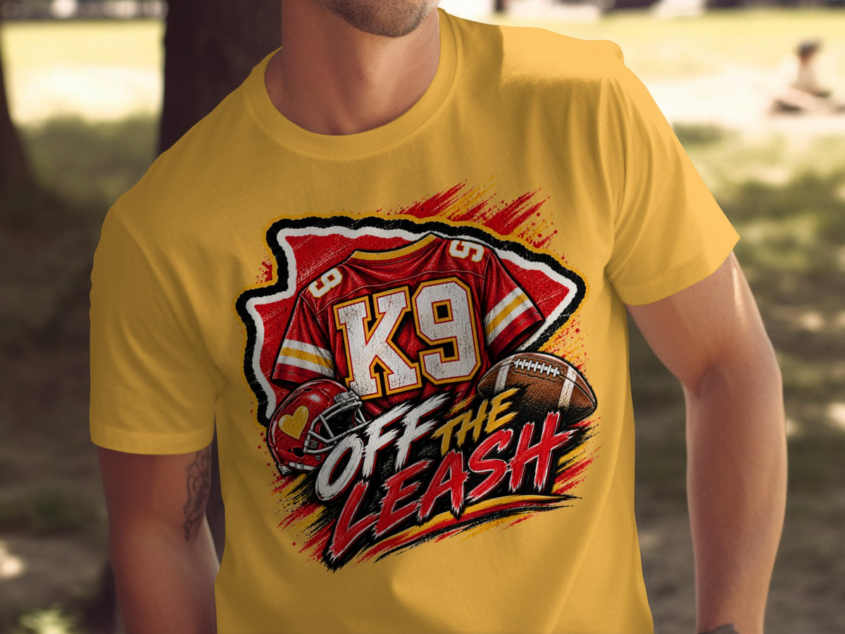 Yellow t-shirt with "K9 OFF THE LEASH" graphic featuring football jersey, helmet, and football.