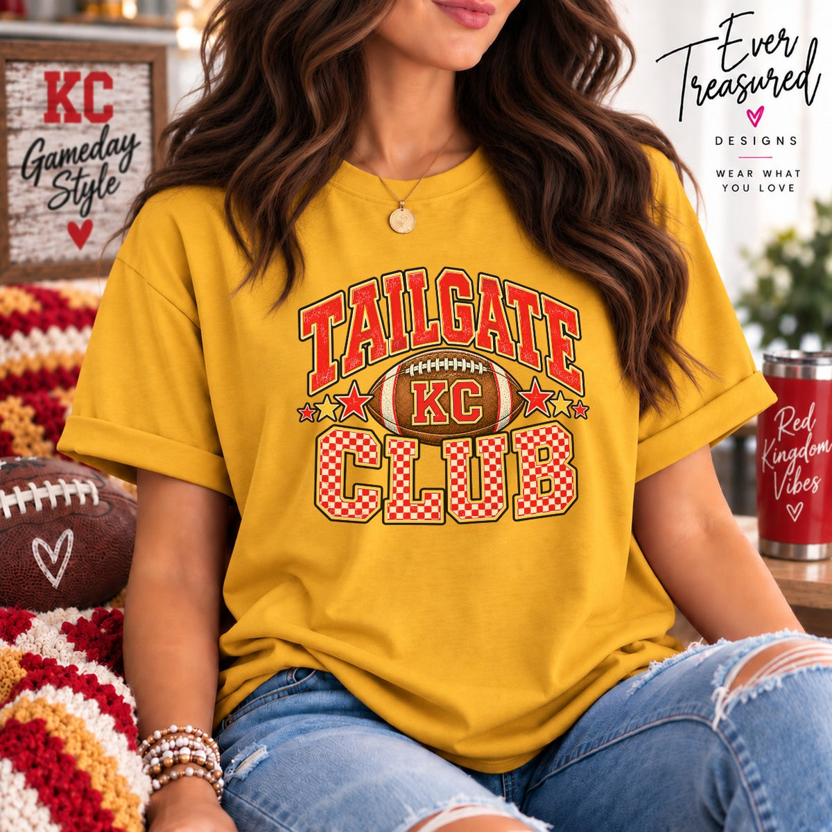 Yellow t-shirt with "Tailgate Club KC" text and football graphic.