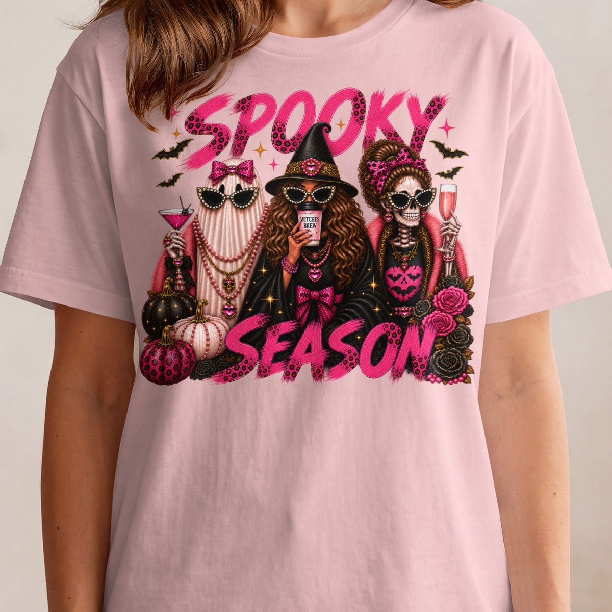 Spooky Season graphic featuring a witch, ghost, and skeleton with drinks and pumpkins.