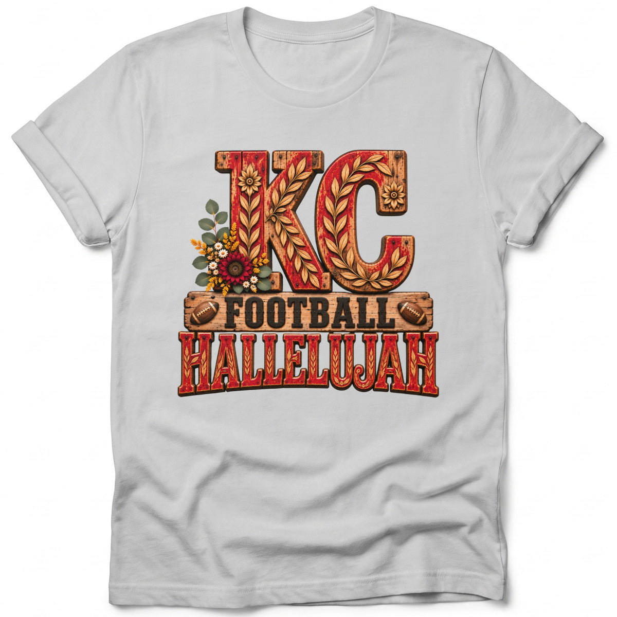 White t-shirt with "KC FOOTBALL HALLELUJAH" text and football graphics.