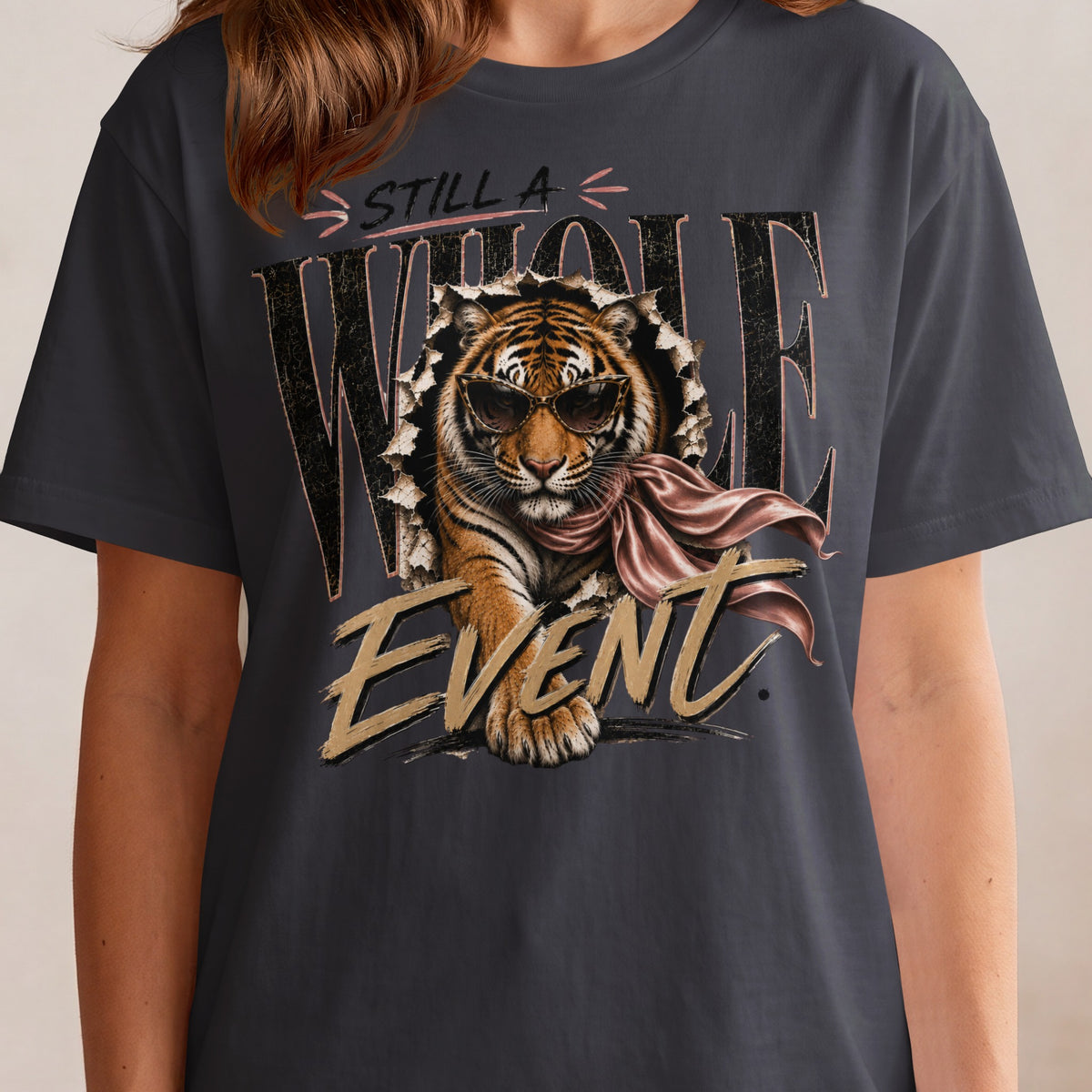Tiger wearing sunglasses bursts through a torn background with "Still a Whole Event" text.