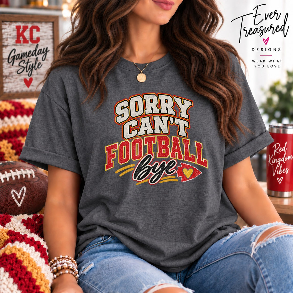 Grey t-shirt with "Sorry Can't Football Bye" graphic and Kansas City arrowhead design.