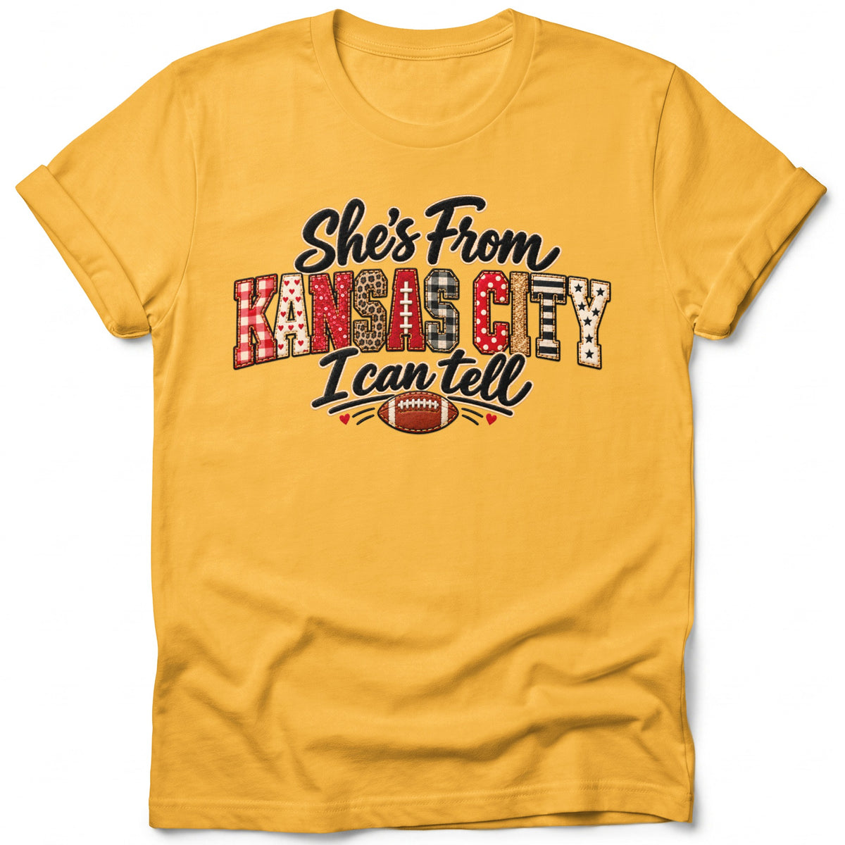 Yellow t-shirt with "She's From KANSAS CITY I can tell" and a football graphic.