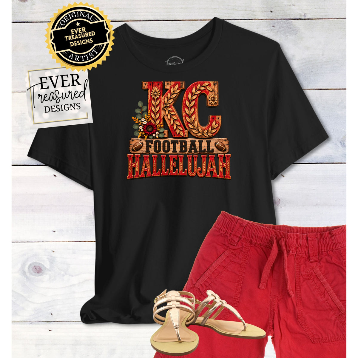 Black t-shirt with "KC FOOTBALL HALLELUJAH" graphic, red shorts, and gold sandals.