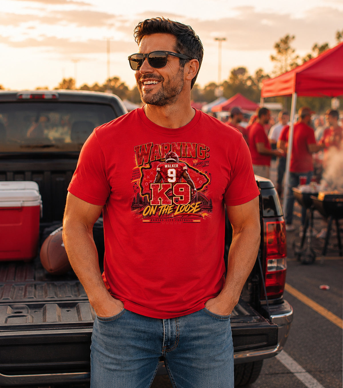 Red t-shirt with Kansas City football graphic featuring a player and "K9 ON THE LOOSE".