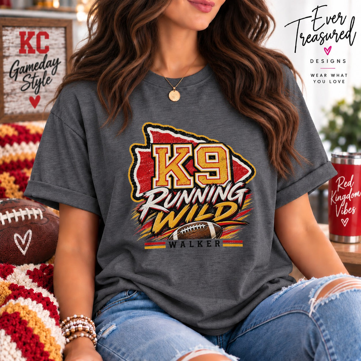 Dark grey t-shirt with K9 Running Wild graphic and football.
