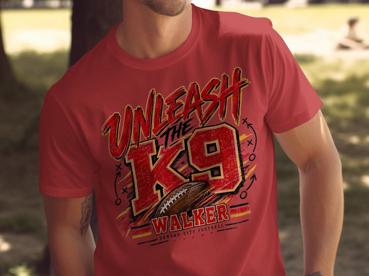 Red t-shirt with "Unleash The K9 Walker Kansas City Football" text and football graphic.