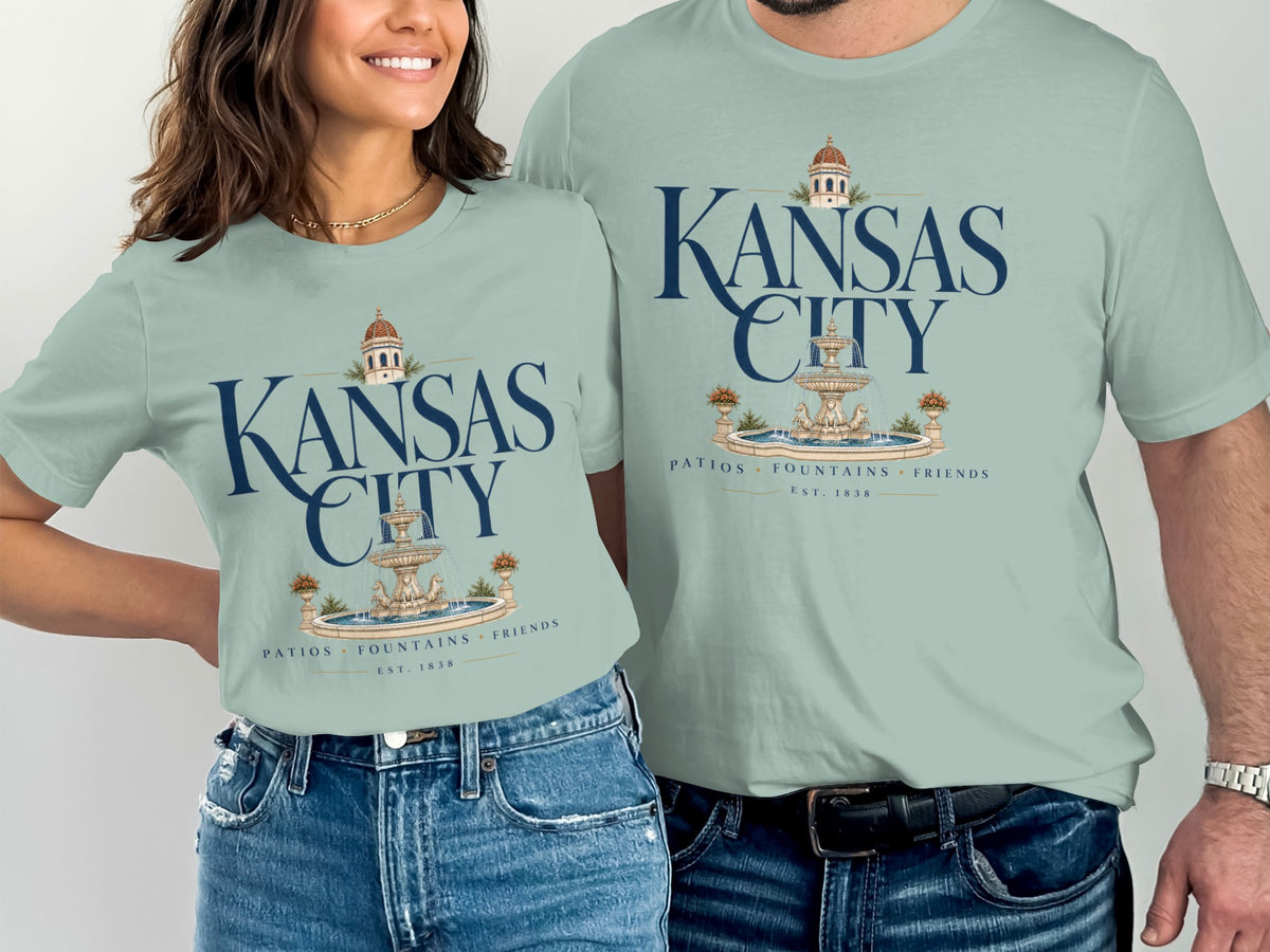 Kansas City t-shirt with fountain and dome graphic, "Patios Fountains Friends Est. 1838" text.
