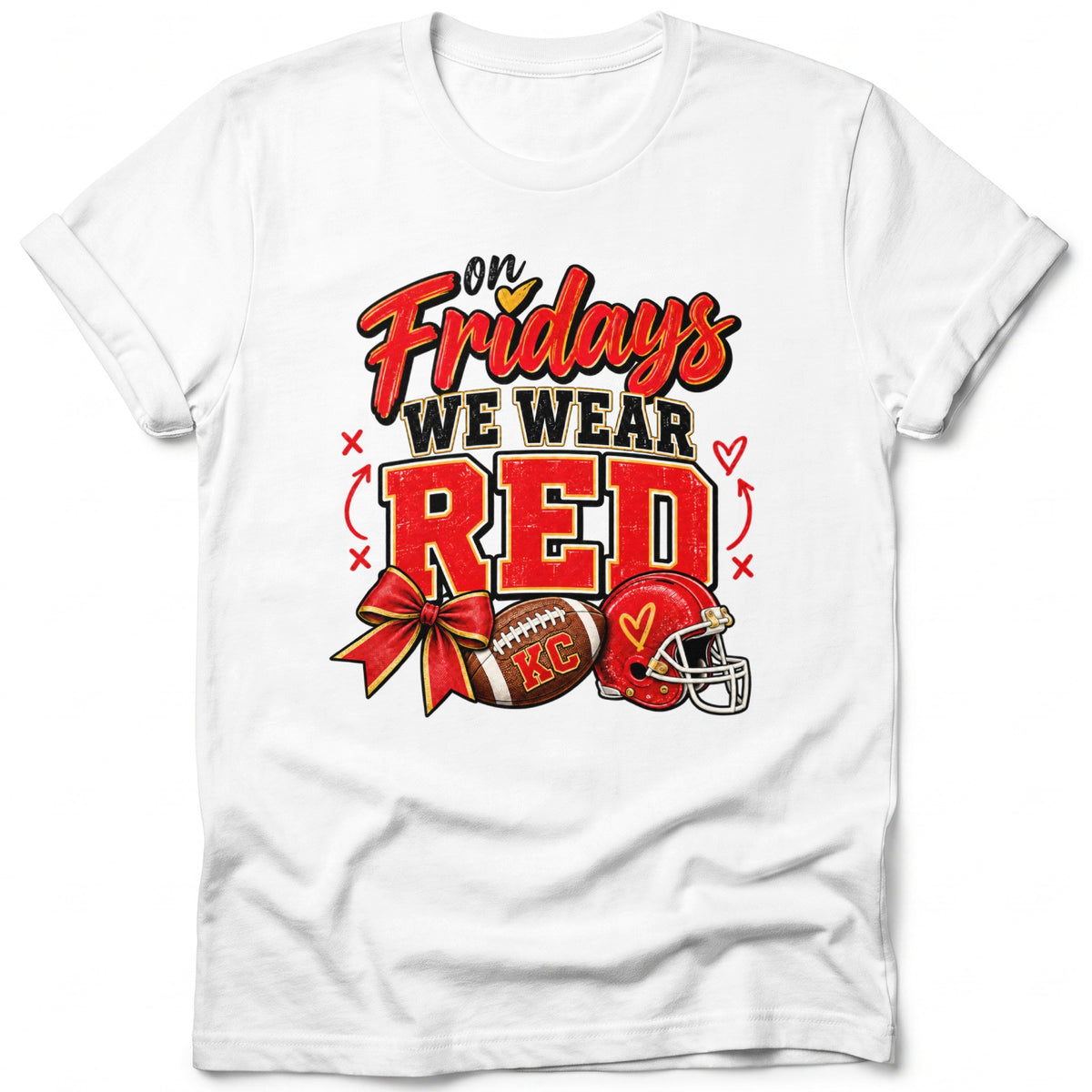 White t-shirt with "On Fridays We Wear RED" text, football, and helmet.
