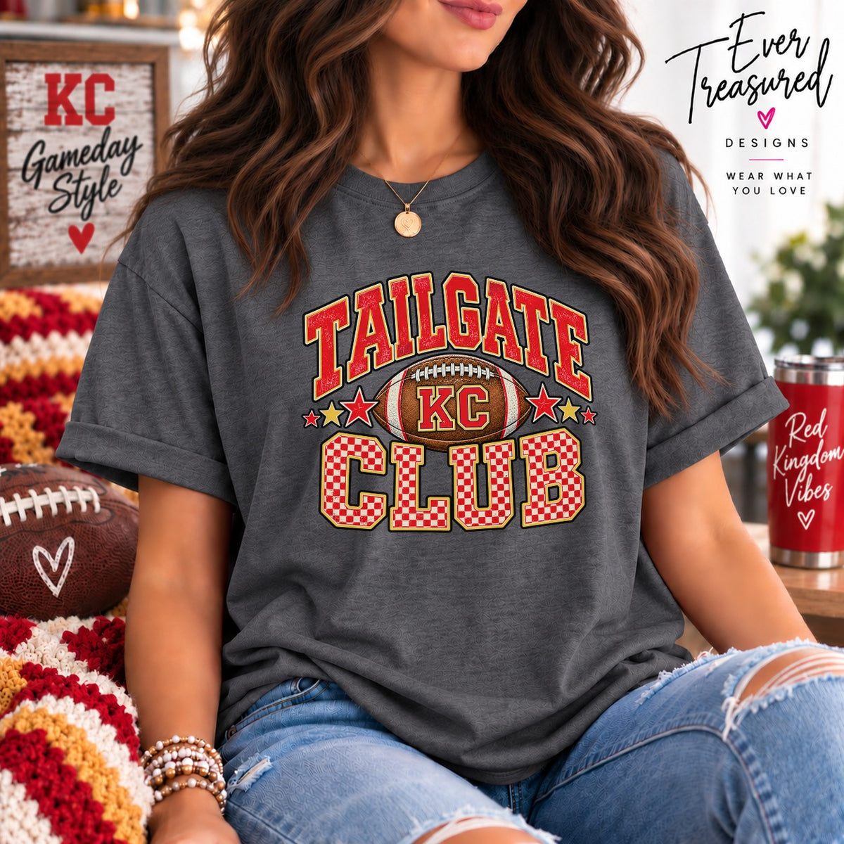 Dark grey t-shirt with "Tailgate Club" and a football graphic.