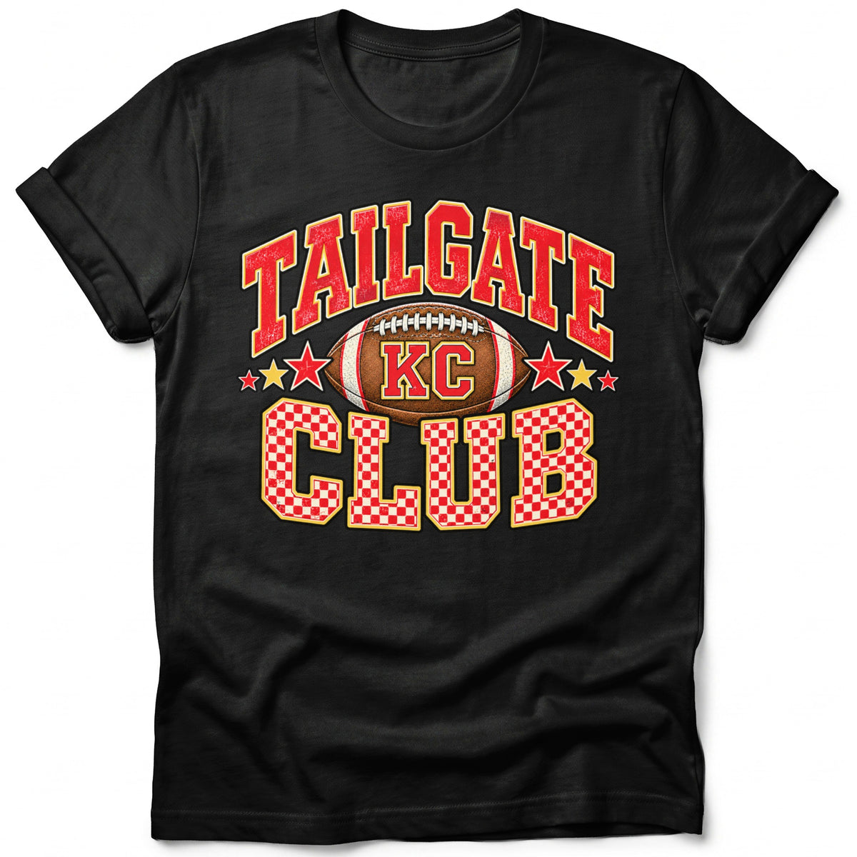 Black t-shirt with "Tailgate KC Club" text and football graphic.