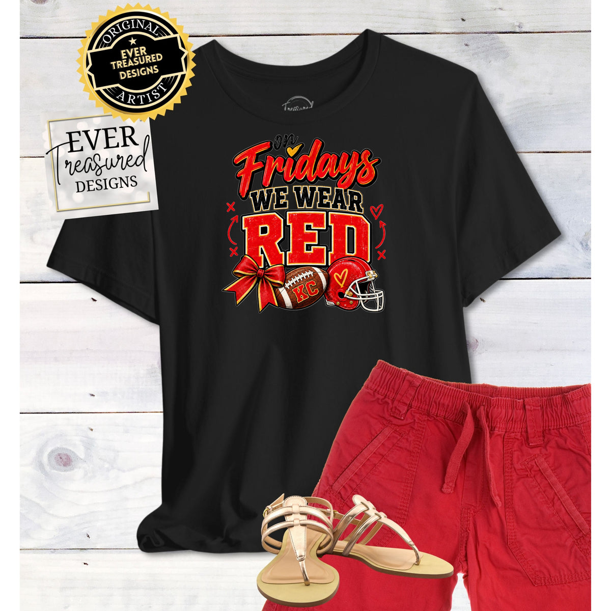 Black t-shirt with "On Fridays we wear RED" text, football, and helmet graphic.
