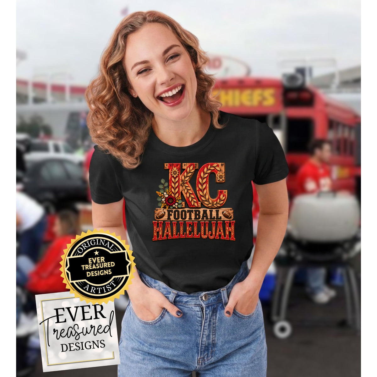 Black t-shirt with "KC FOOTBALL HALLELUJAH" text and floral design.