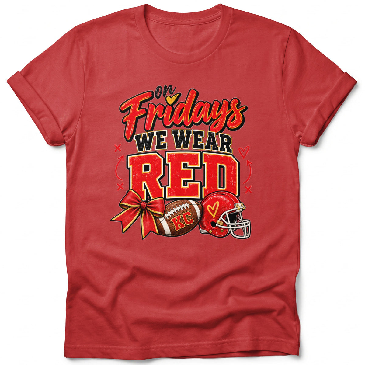 Red t-shirt with "On Fridays We Wear Red" and football graphics.