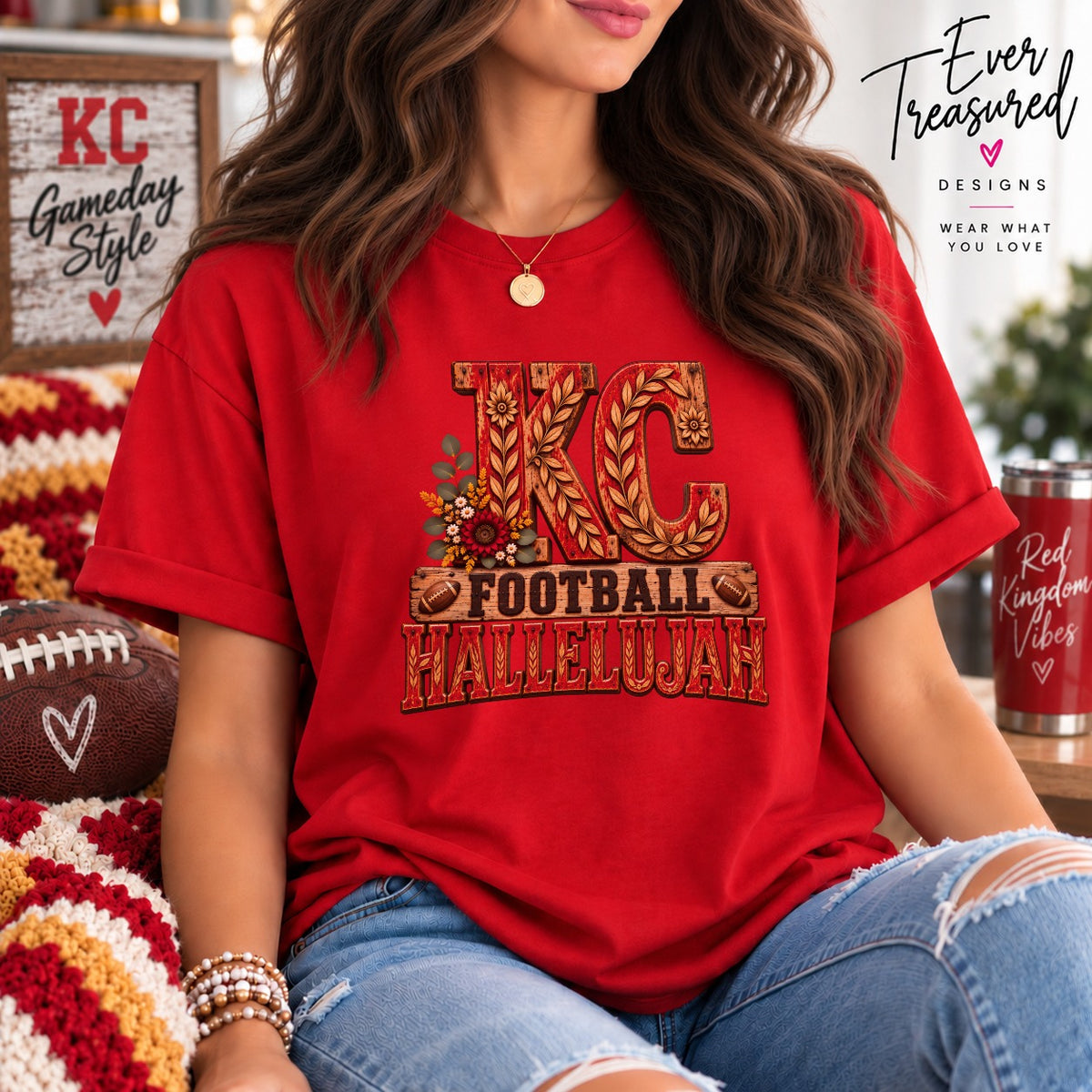 Red t-shirt with "KC FOOTBALL HALLELUJAH" graphic and floral accents.