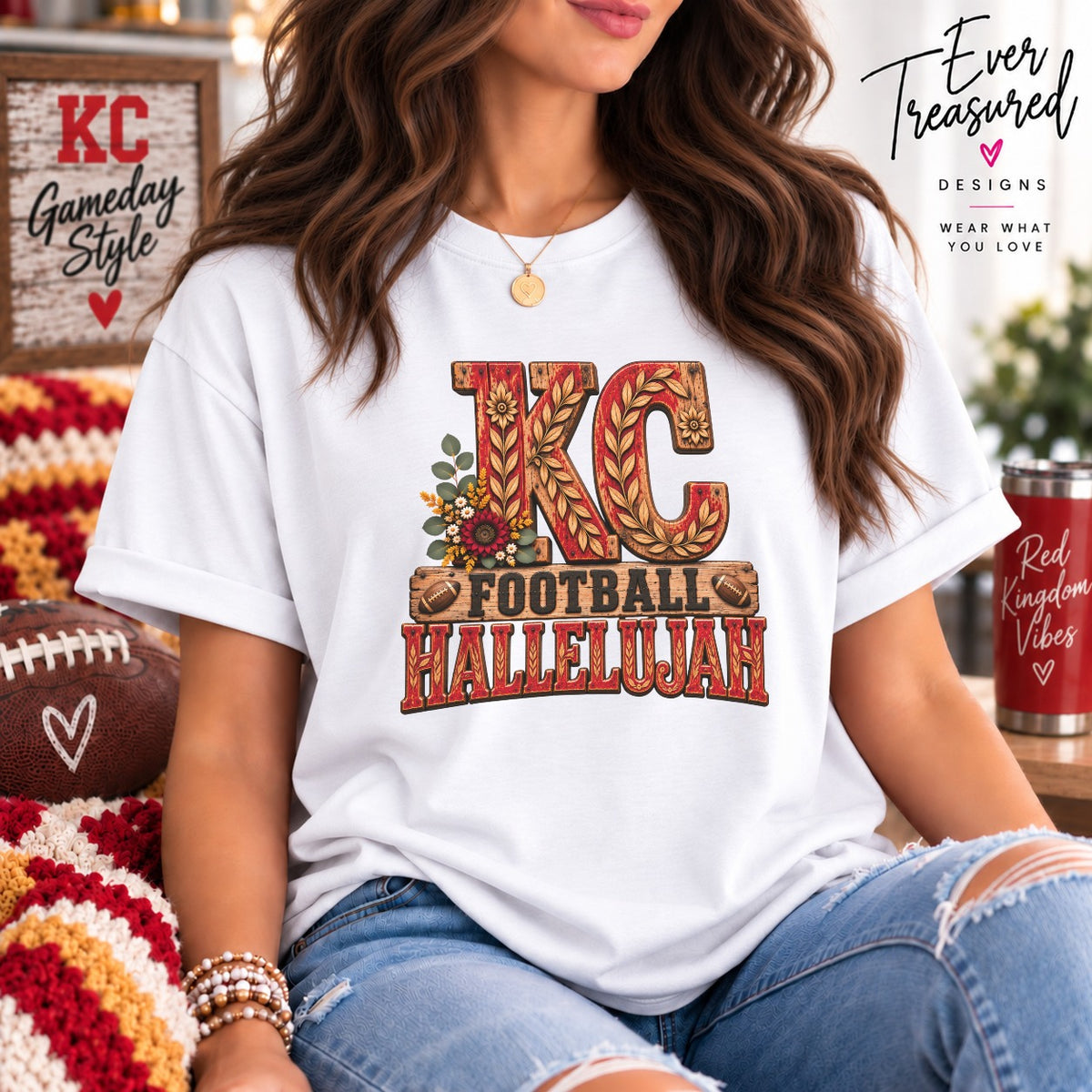 White t-shirt with "KC Football Hallelujah" graphic and floral accents.