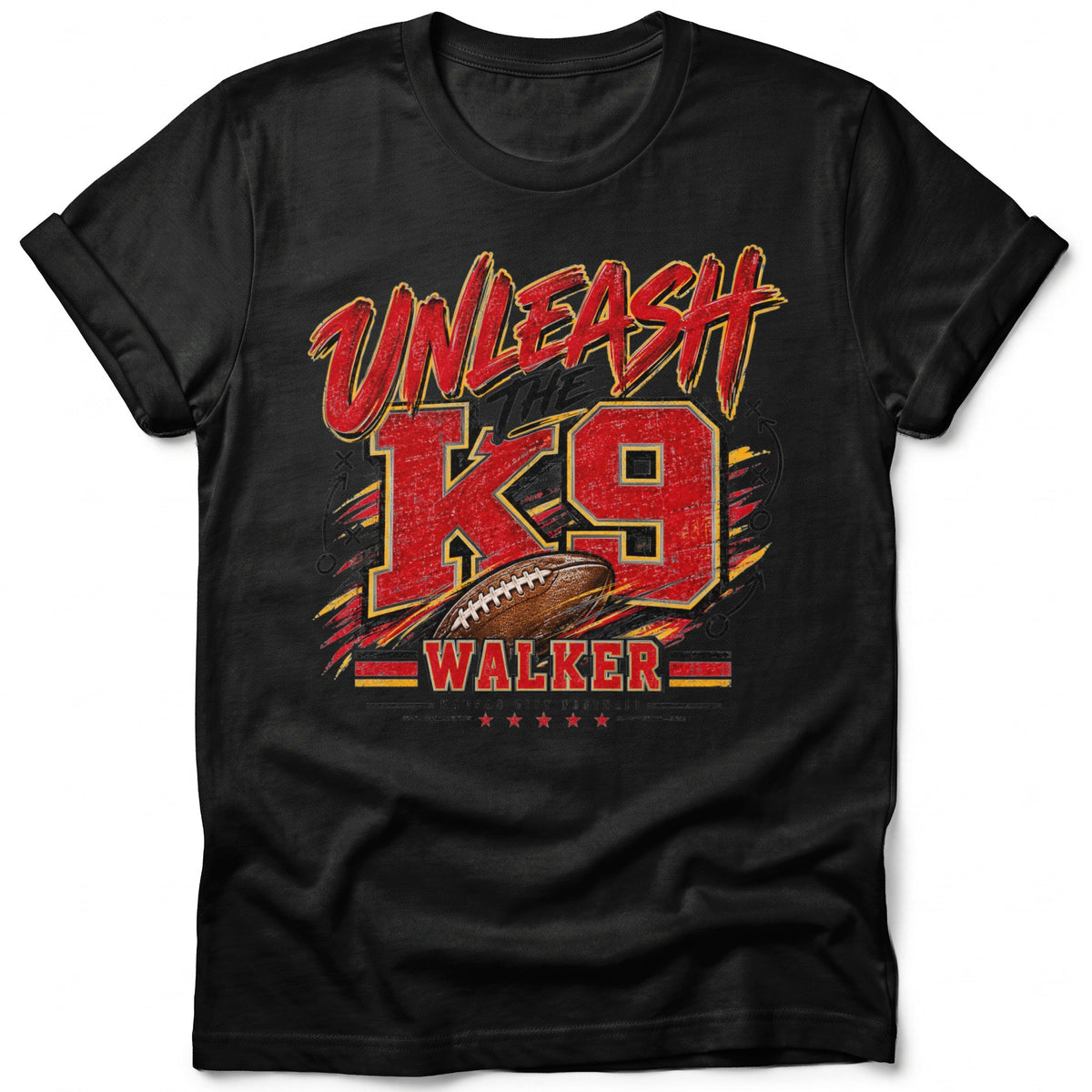 Black t-shirt with "Unleash The K9 Walker" and a football graphic.