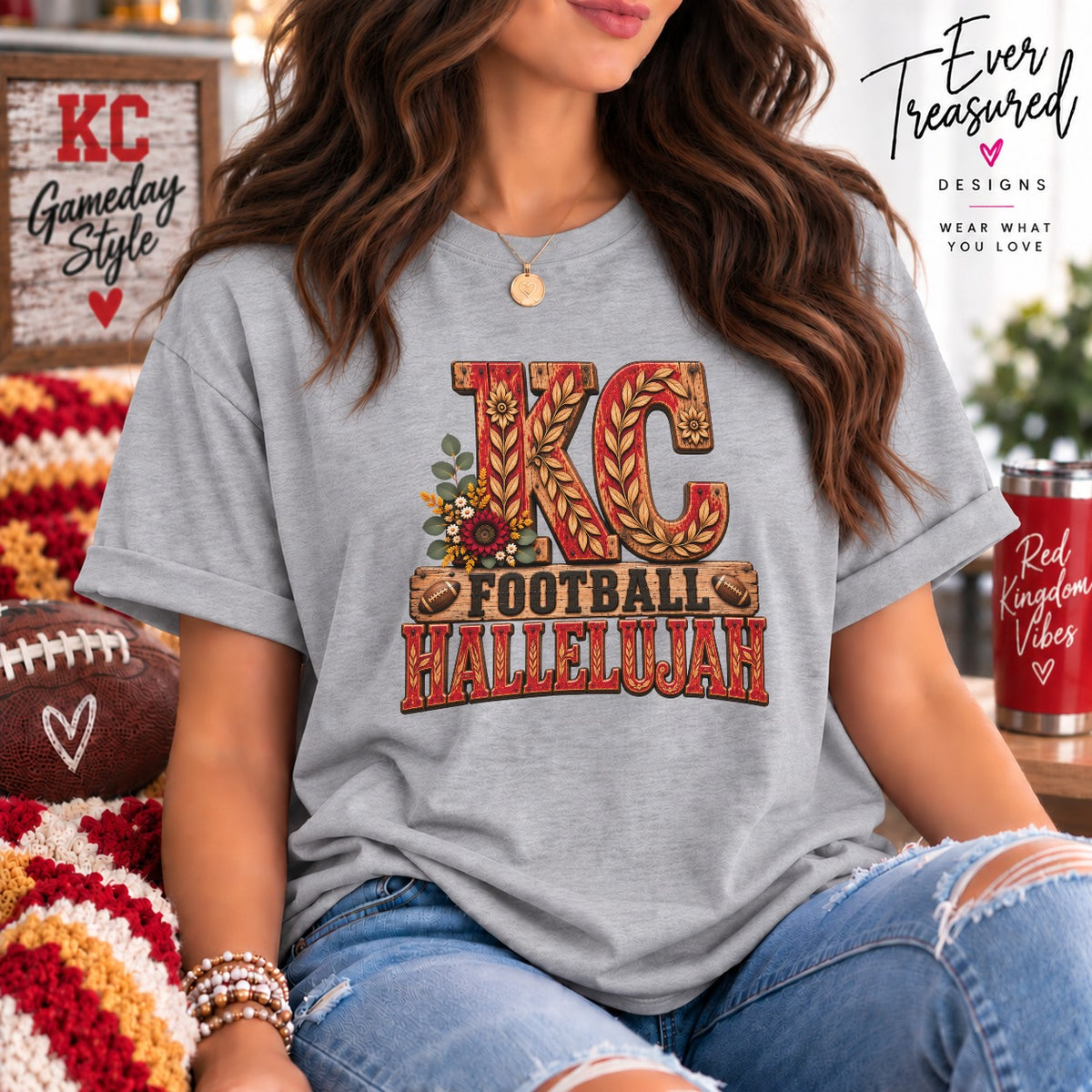 Grey t-shirt with "KC Football Hallelujah" text and floral design.