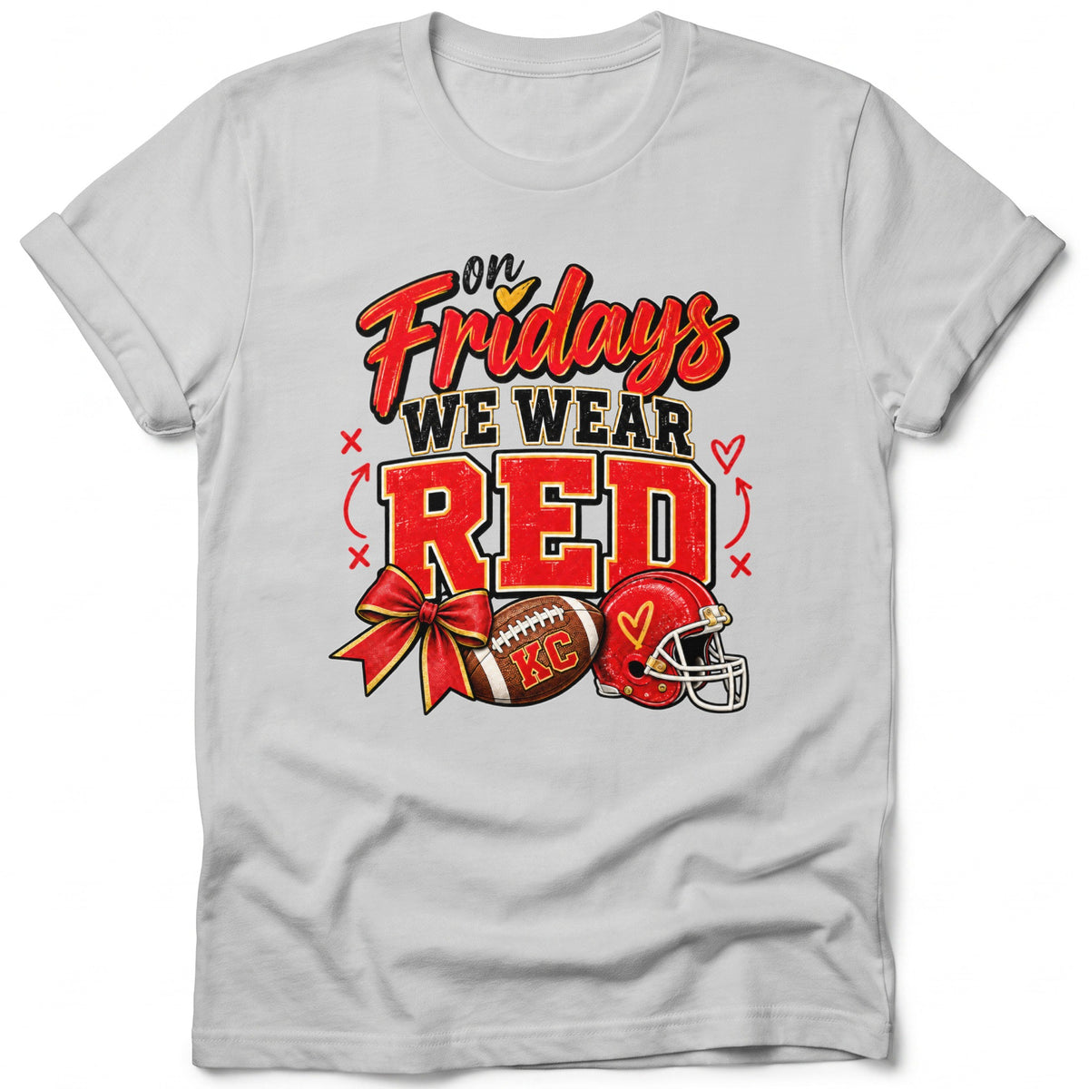 Light gray t-shirt with "On Fridays We Wear RED" and football imagery.