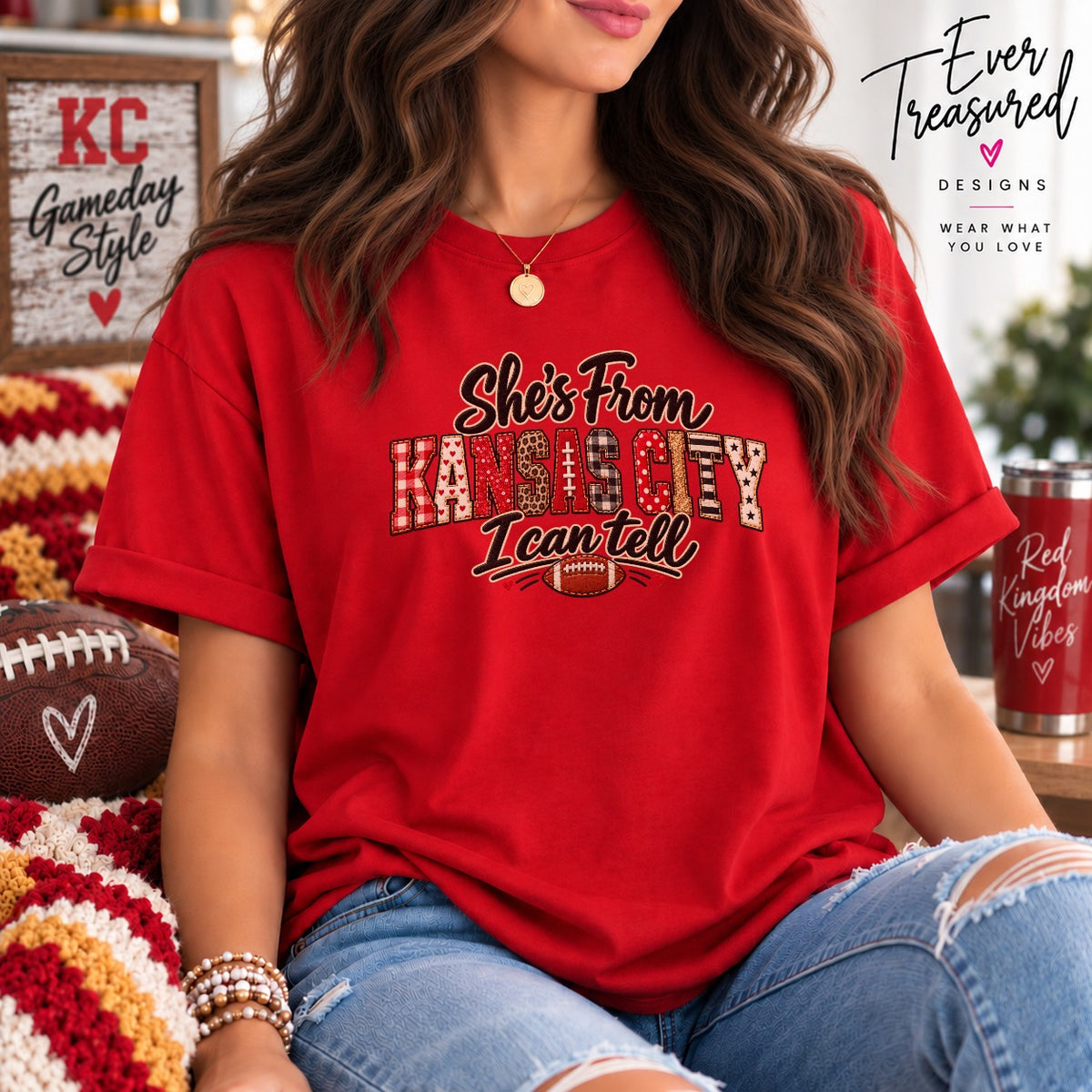 Red t-shirt with "She's From Kansas City I Can Tell" text and football graphic.