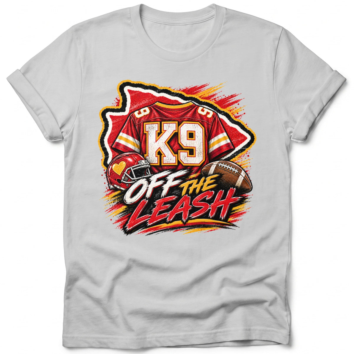 Grey t-shirt with a graphic featuring a football jersey, helmet, and football with "K9 OFF THE LEASH" text.