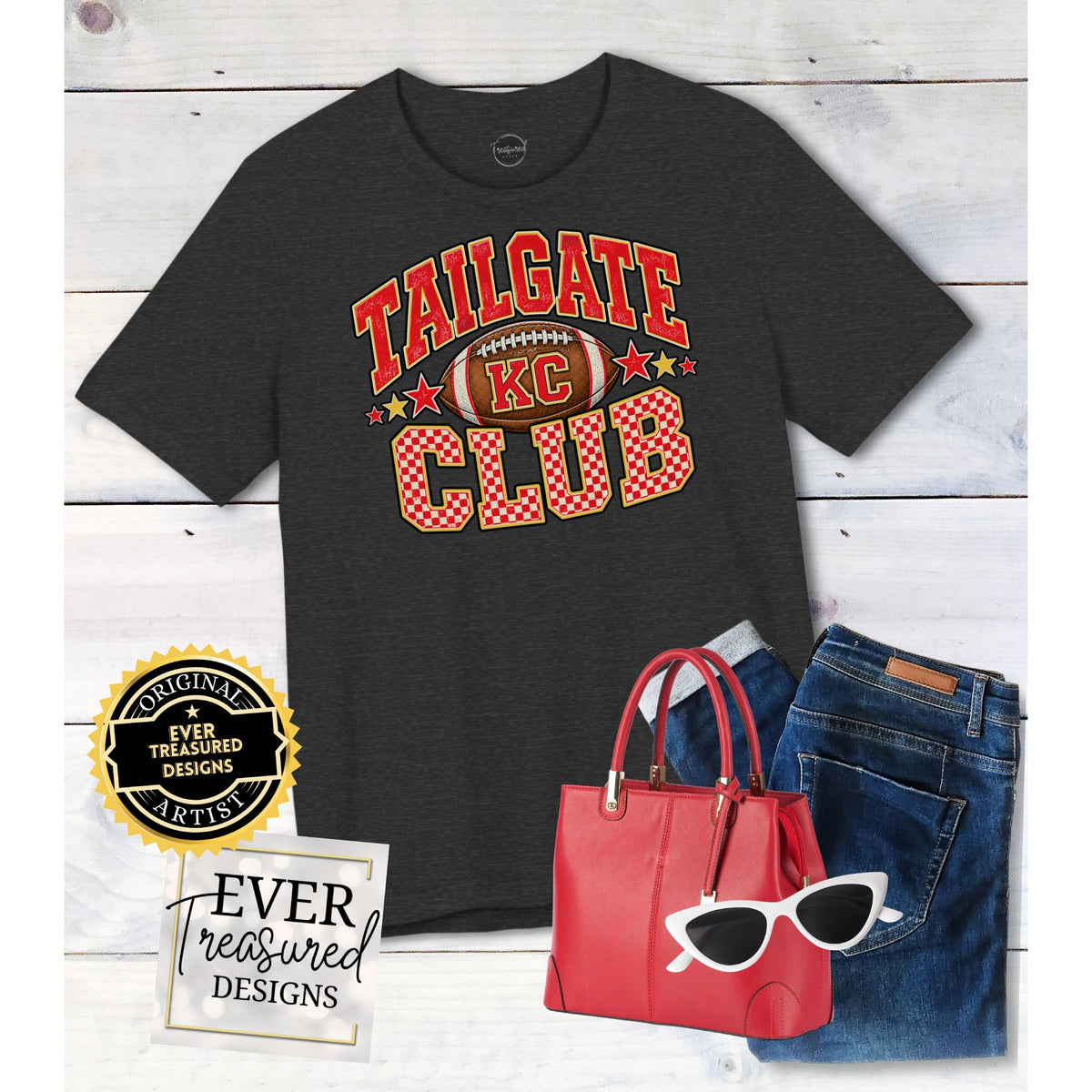 Dark gray t-shirt with "Tailgate Club KC" text and football graphic.