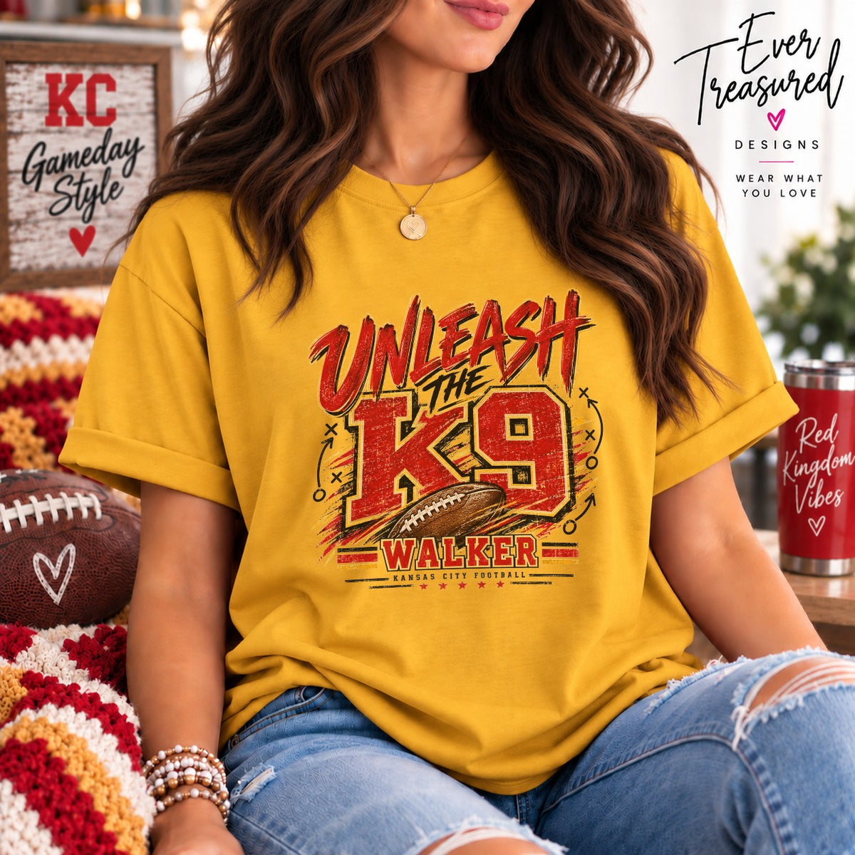 Yellow t-shirt with "Unleash the K9 Walker Kansas City Football" graphic.
