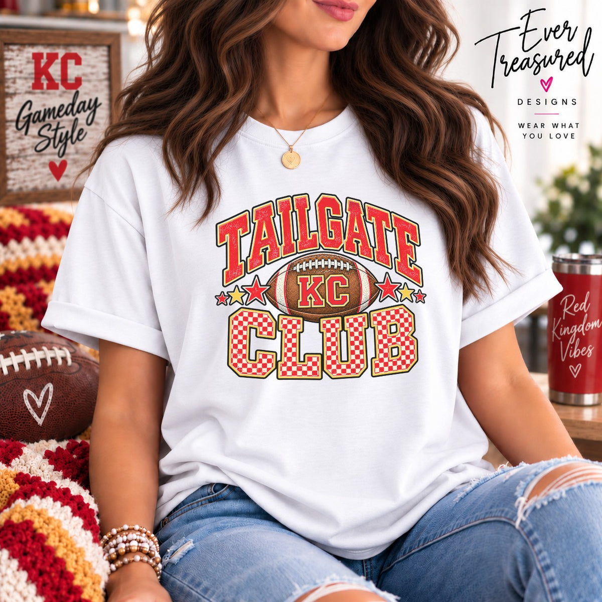 White t-shirt with "Tailgate Club" text, football, and red checkered pattern.