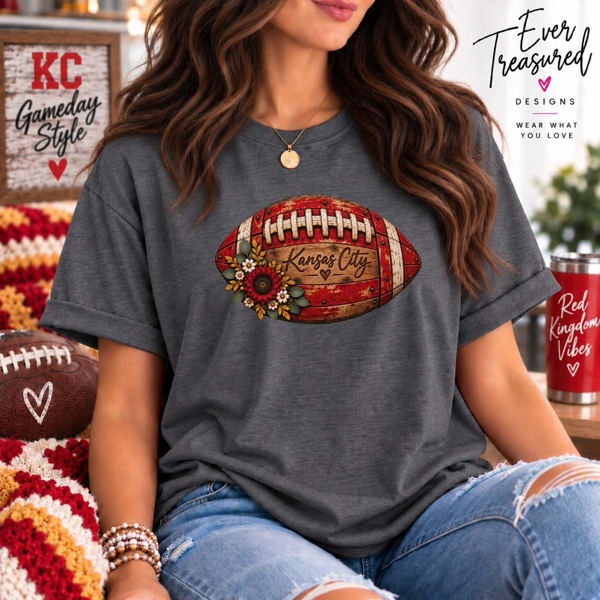 Grey t-shirt with a distressed football graphic featuring "Kansas City" and floral accents.